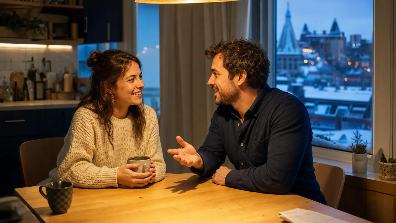 Jeune femme souriante consultant son téléphone dans sa cuisine après une bonne nouvelle financière